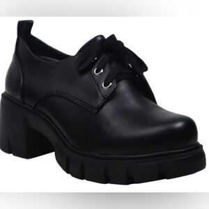 Faux Leather Platform Black Oxford Lace Lug Sole Chunky Block Heel Booties 7.5